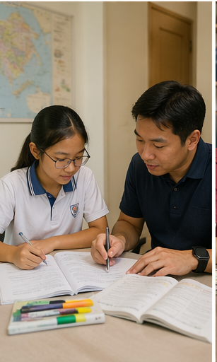 A father helping a girl with homework as part of PSLE preparation in a dual-income household.