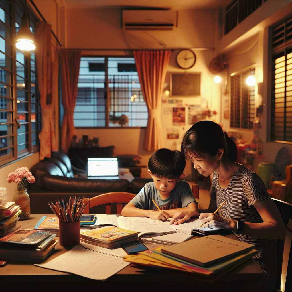 Asian mother supporting PSLE preparation at a HDB dining table in a warm Singapore home setting.