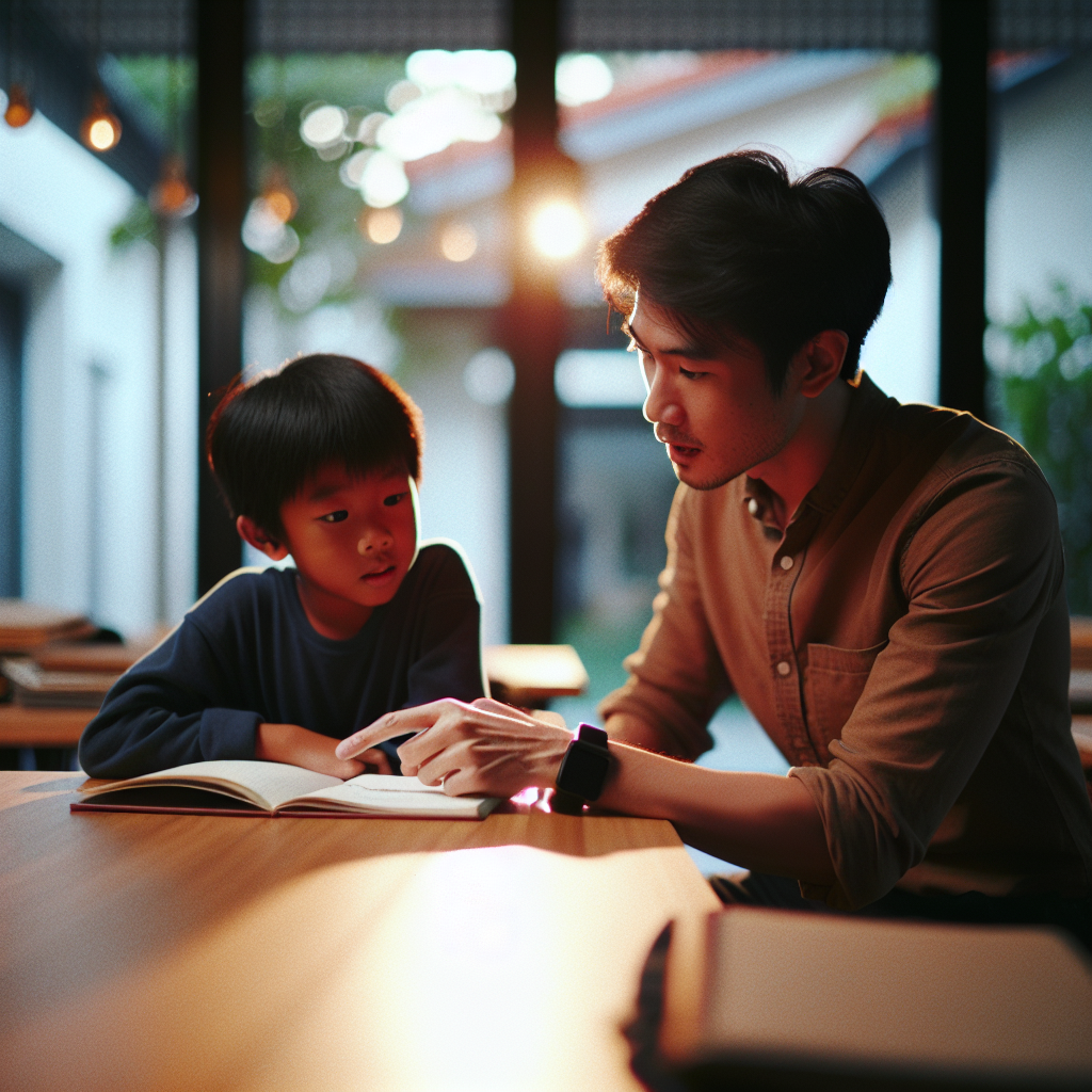 Asian tutor supporting PSLE preparation with a primary school student in a calm Singapore tuition centre.
