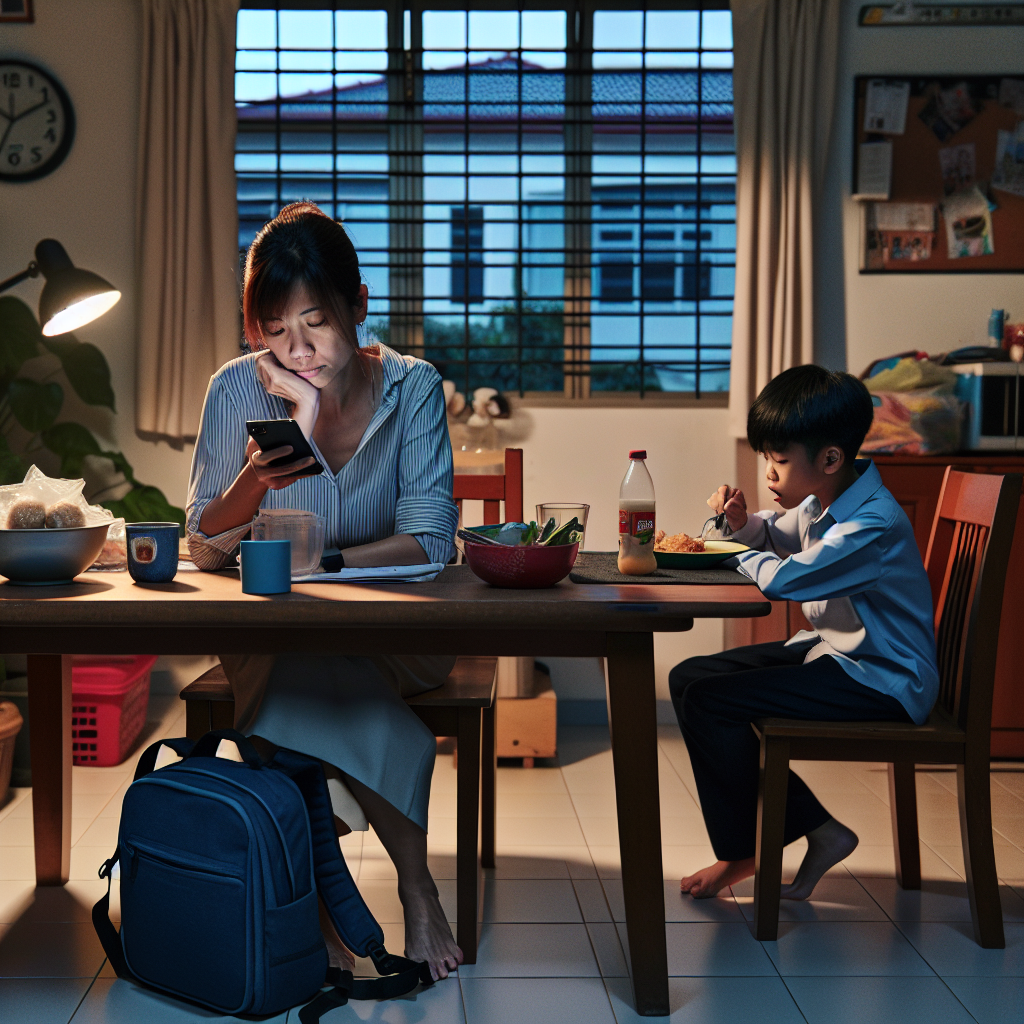 Busy dual-income Asian family juggling work and home life in a Singapore HDB flat during the evening.