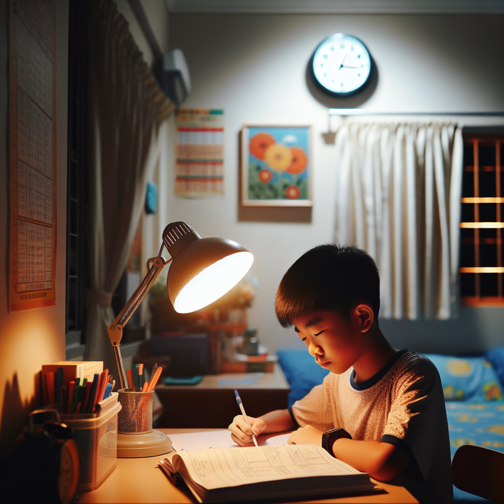 Asian primary school student following a structured home study routine at his desk in the evening.