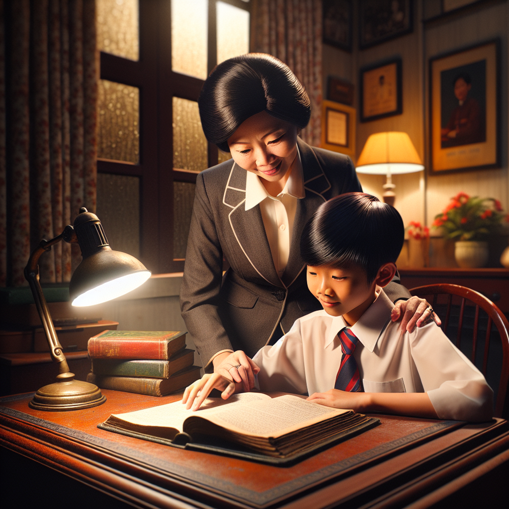 A working mother provides calm support for her son's PSLE preparation at home in the evening.