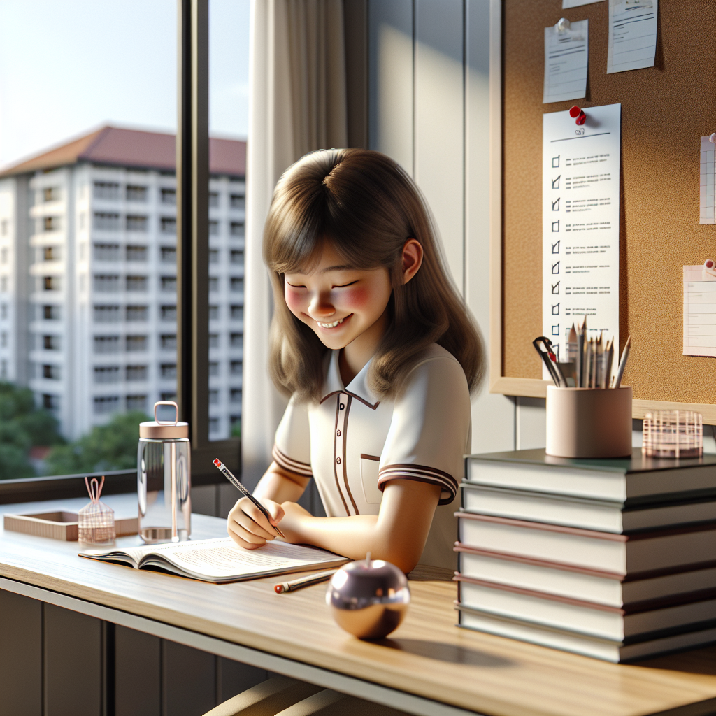 A primary school student follows a structured home study routine checklist in a tidy study space.
