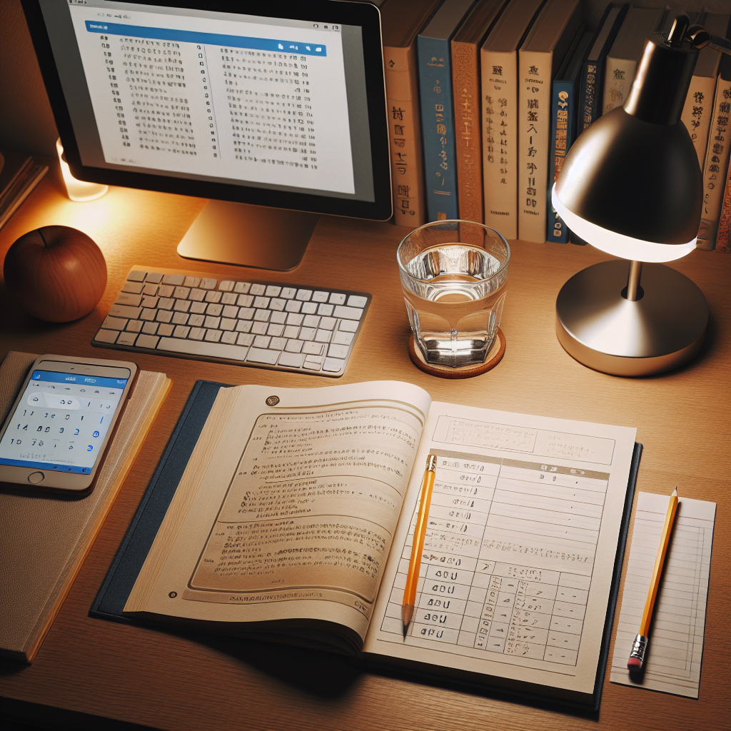 An organized study desk with open books and stationery prepared for an efficient PSLE revision session.