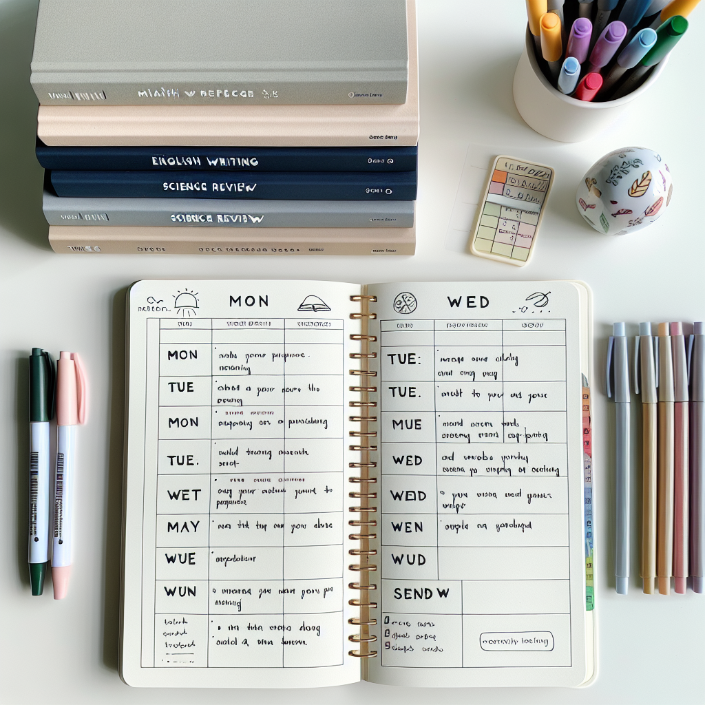 A minimalist weekly study planner showing assigned PSLE subjects for each day on a clean desk.