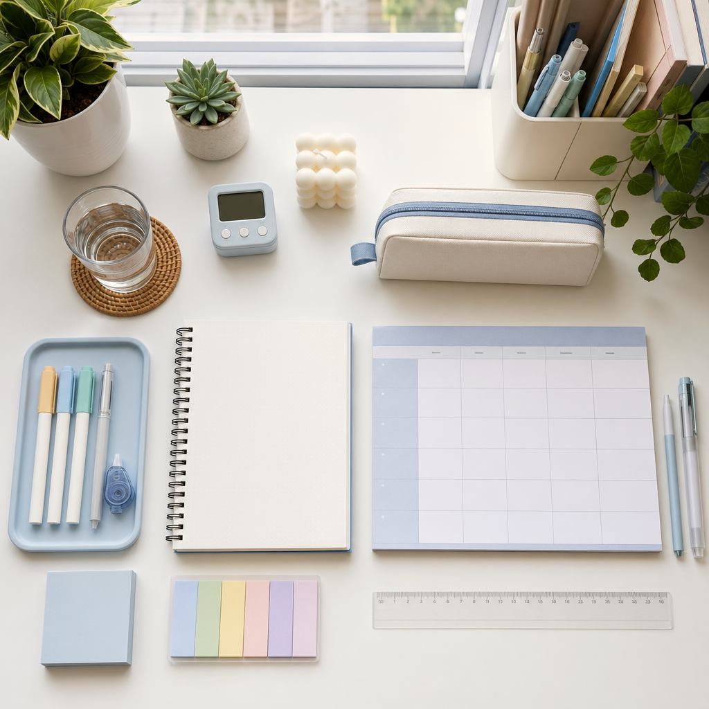 A clean home study routine for primary school students with a weekly planner, notebook, and stationery arranged for PSLE preparation.