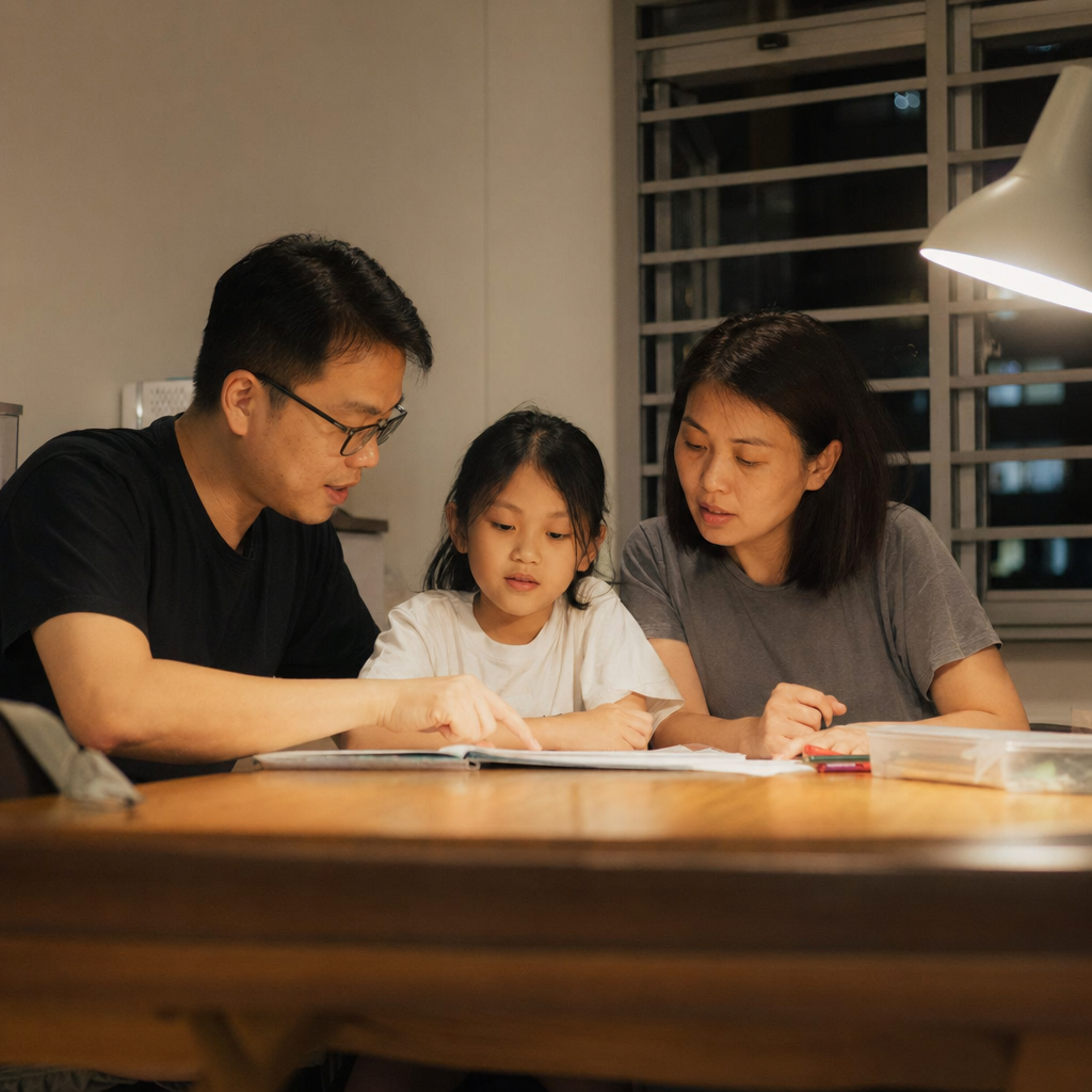 A warm family moment showing balanced PSLE preparation support in a dual-income household at a Singapore dining table.