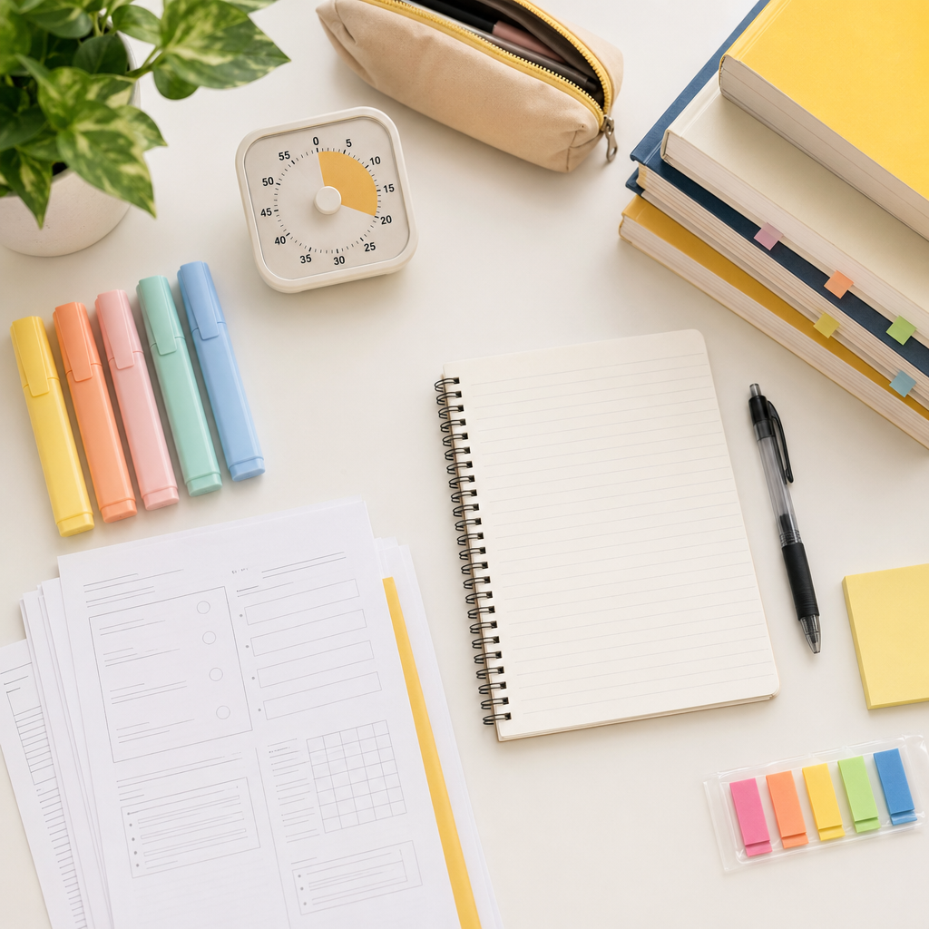 PSLE preparation materials arranged in focused study blocks to support time management for PSLE students in Singapore.
