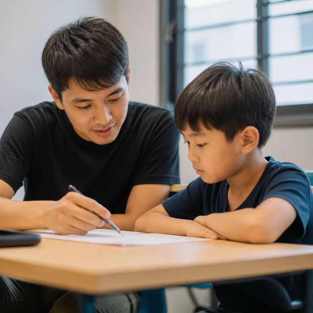 A Singapore tuition scene showing focused academic support that helps ease PSLE preparation stress for busy families.