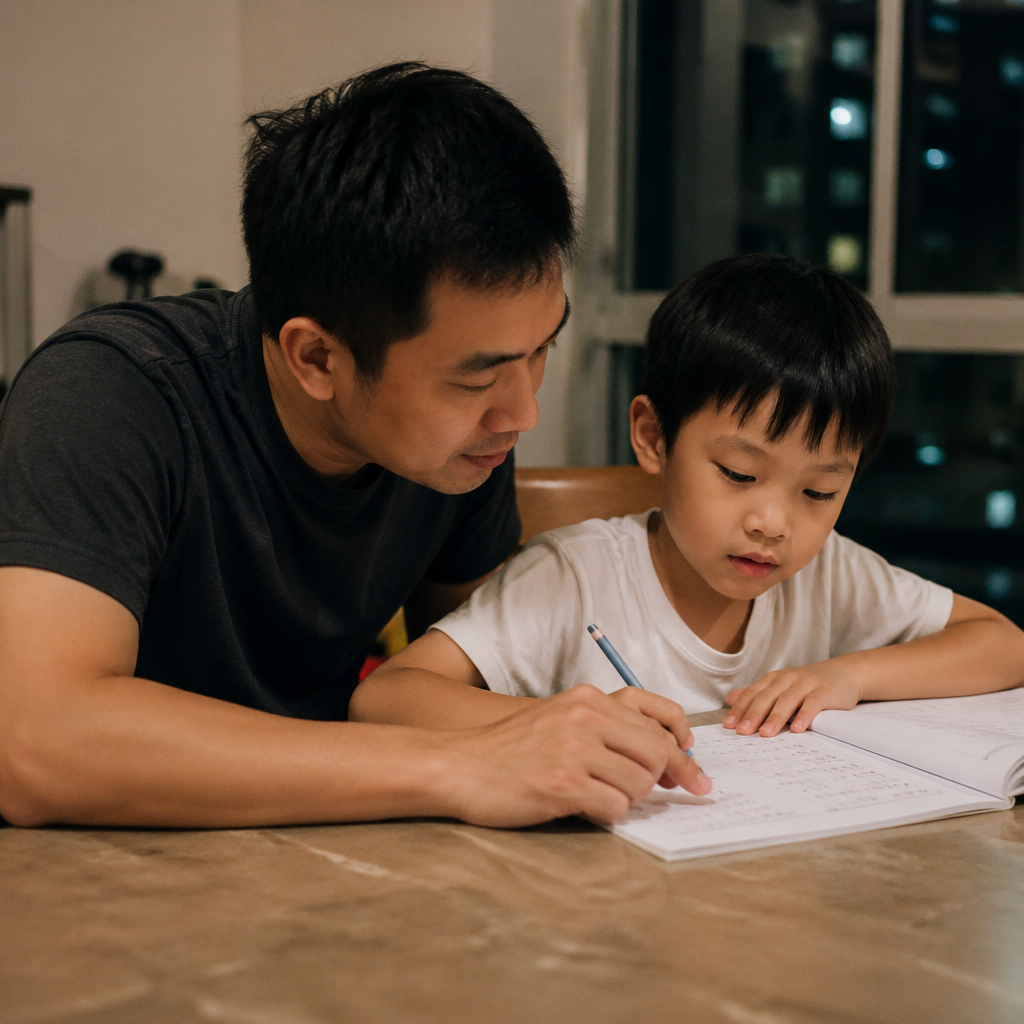 A warm Singapore home scene showing a parent supporting a child through PSLE preparation at the dining table in a dual-income household.