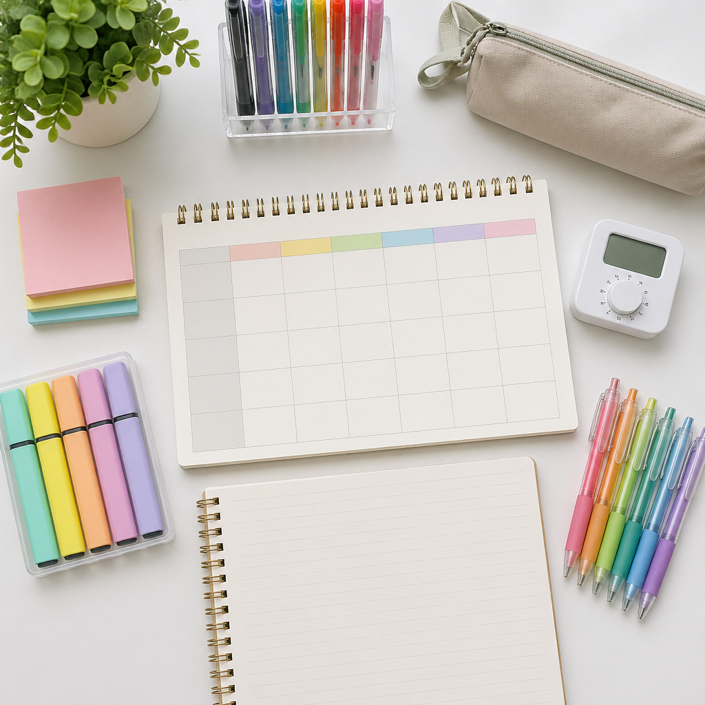 A PSLE study schedule flat lay with planner, stationery, and timer for busy working parents in Singapore.