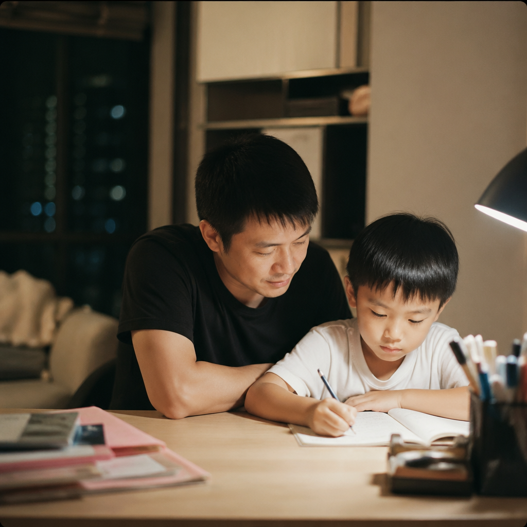 A calm home study routine for primary school students with a parent and child reviewing work together in Singapore.