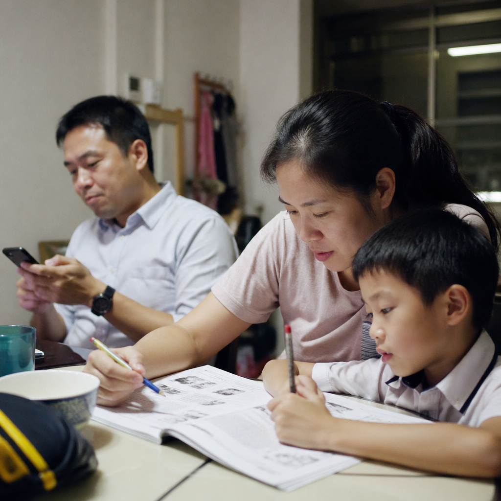 A Singapore family supporting PSLE preparation at the dining table with a parent helping a child with schoolwork.