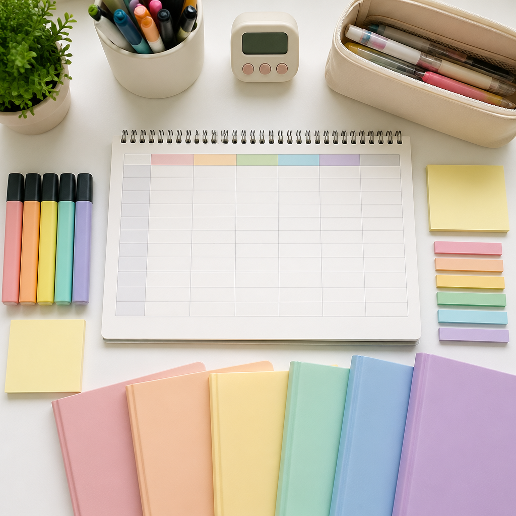 A tidy PSLE study schedule flat lay showing planners and stationery for working parents.