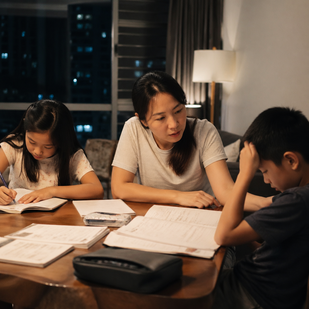 A Singapore family at a dining table discussing a thoughtful tutor recommendation for siblings with different academic strengths.