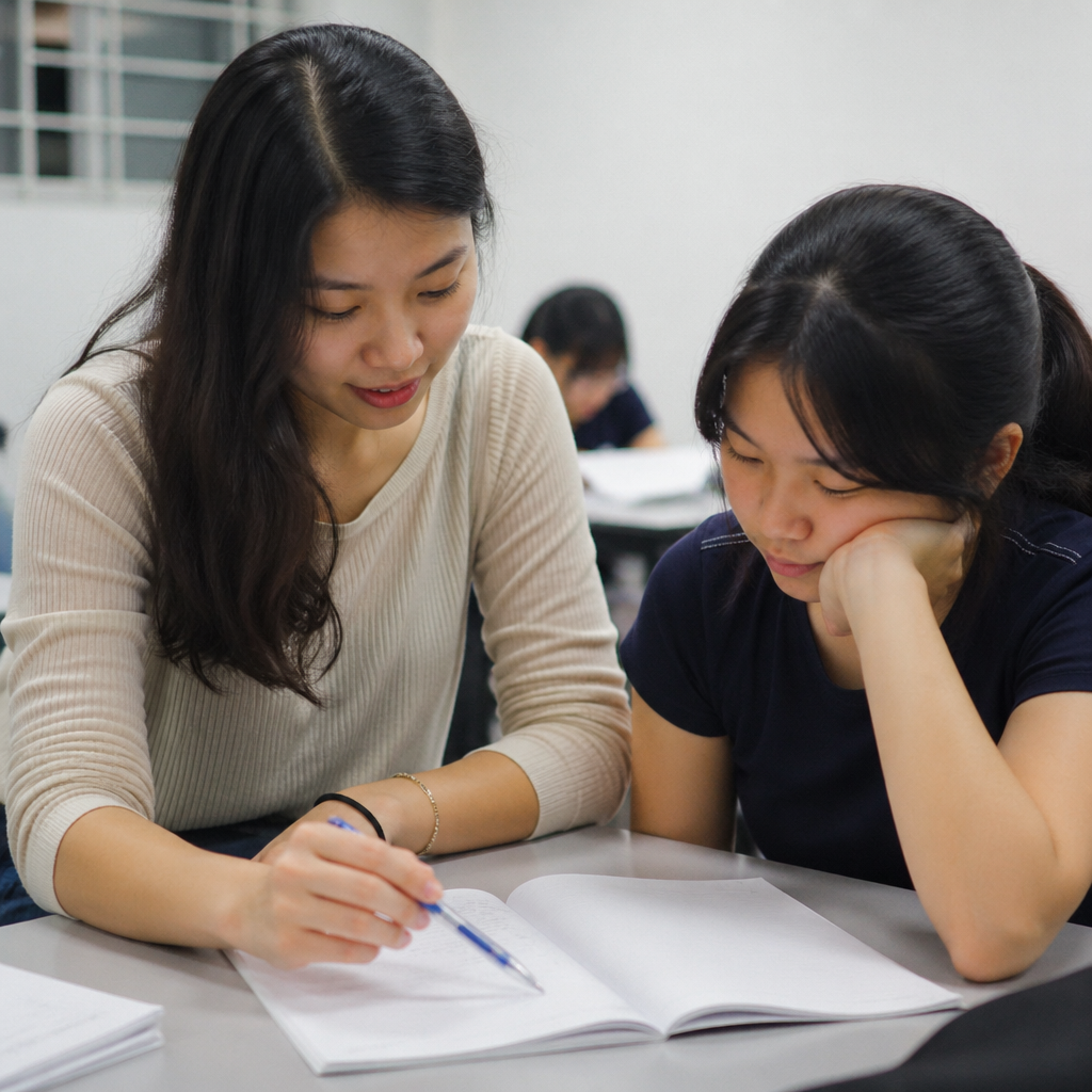 A young tutor helping a student in a tuition centre, illustrating academic support for struggling students in Singapore.