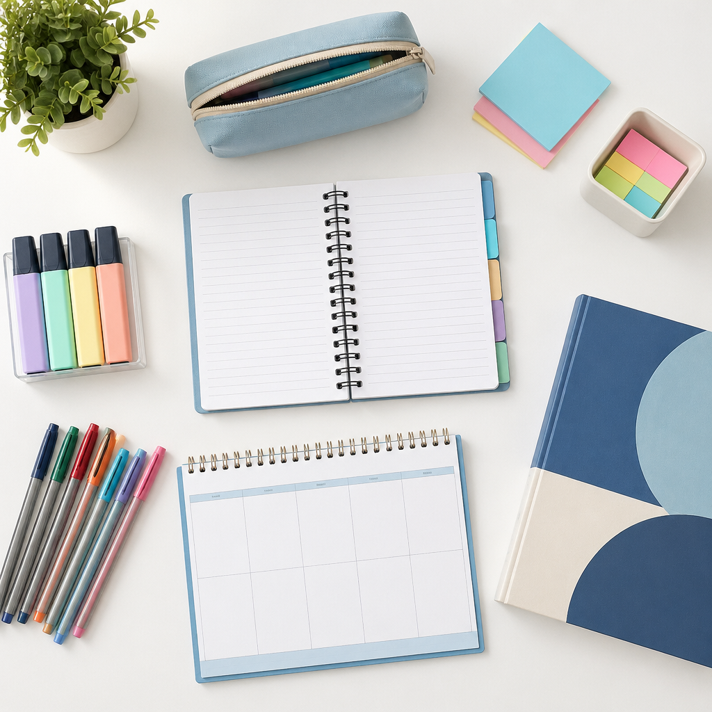 A clean flat lay of primary school revision materials that reflects how tuition helps with closing learning gaps in primary school.