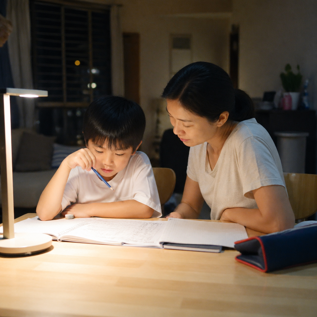 An East Asian mother and child study together at a HDB dining table, showing how tuition support can ease exam stress for a struggling student.
