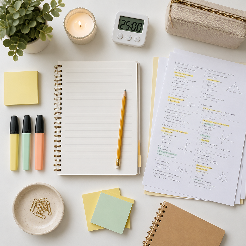 A neat study flat lay representing one to one tuition teaching strategies for adapting lesson speed and structure.