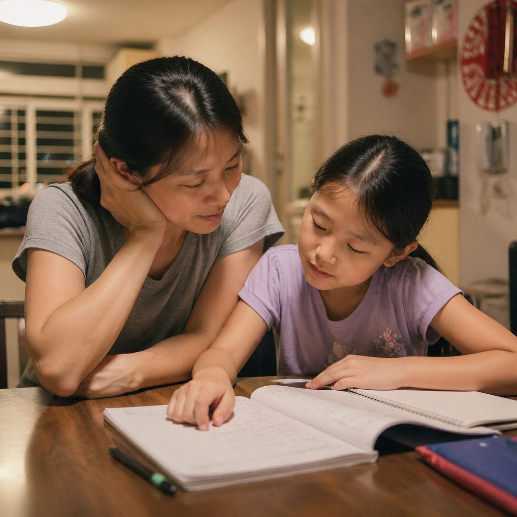 A Singapore parent supporting a child during one to one tuition at an HDB dining table, showing how personalised learning pace can help.