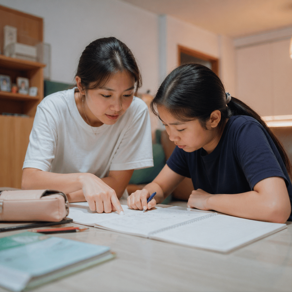 A Singapore tuition session showing early signs of tuition success as a tutor helps a student build confidence and understanding.