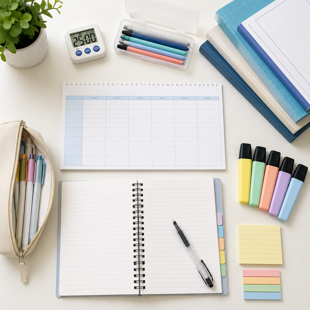 A neat flat lay showing PSLE preparation tools for a realistic weekly study routine.