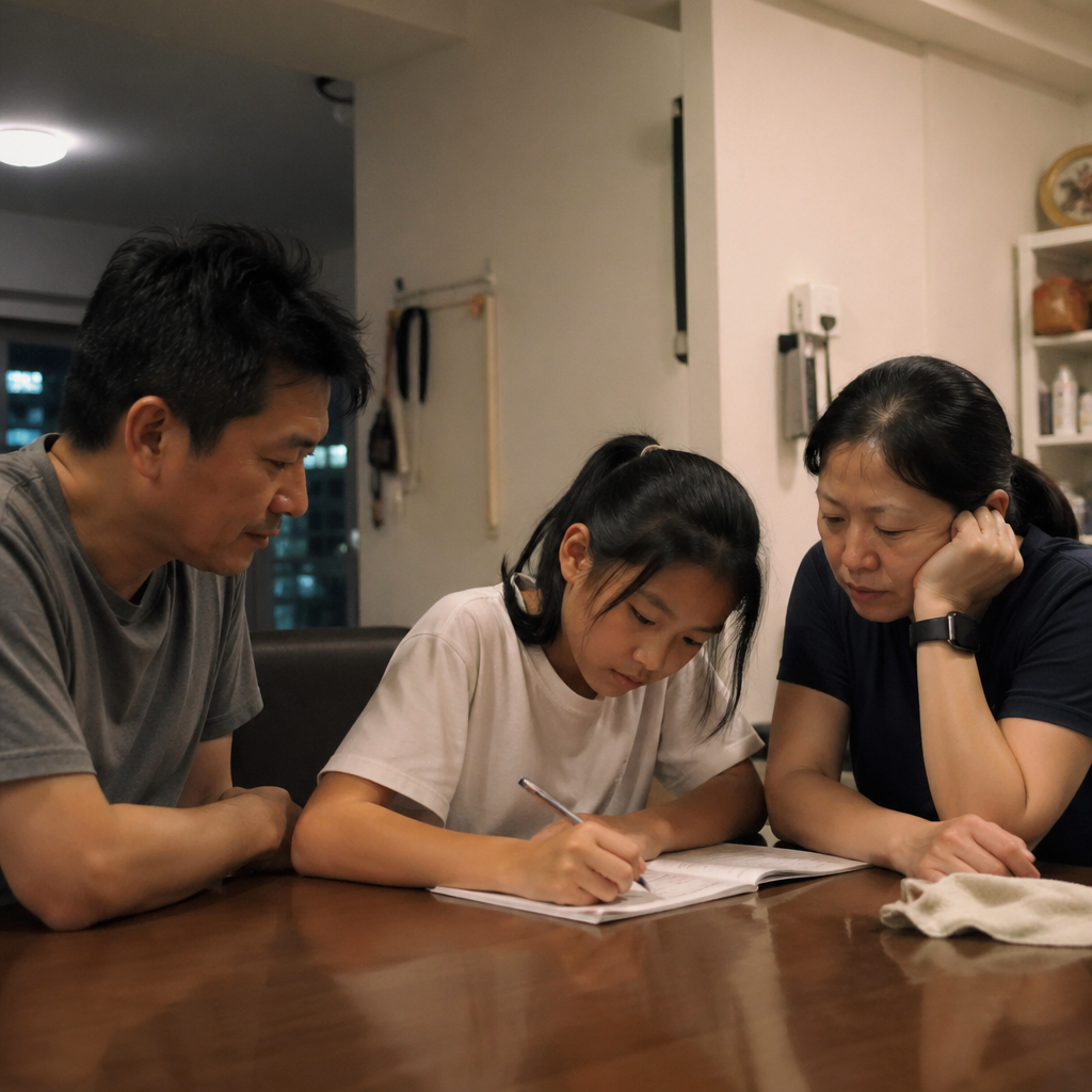 Singapore parents helping their child with PSLE preparation at a HDB dining table in a busy evening routine.