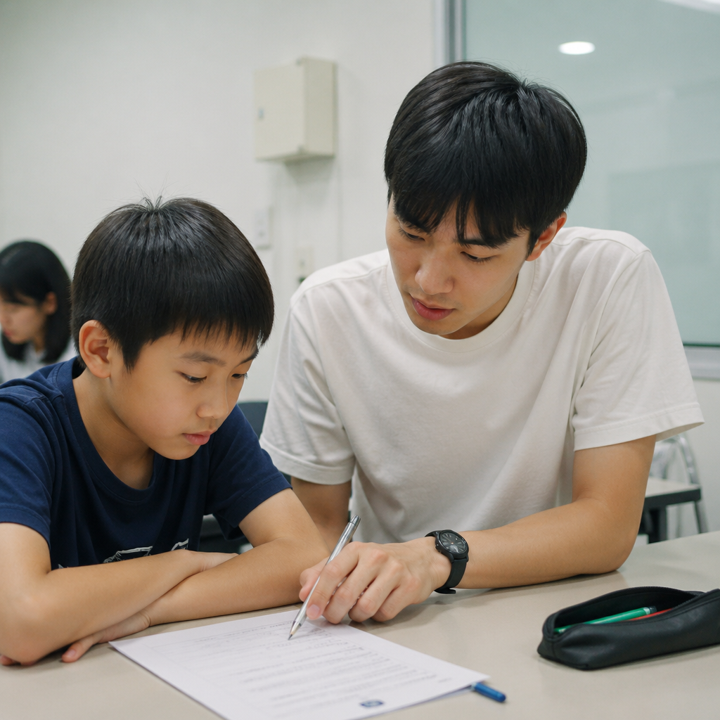 A Singapore tutor guiding a student through PSLE preparation in a calm tuition centre setting.