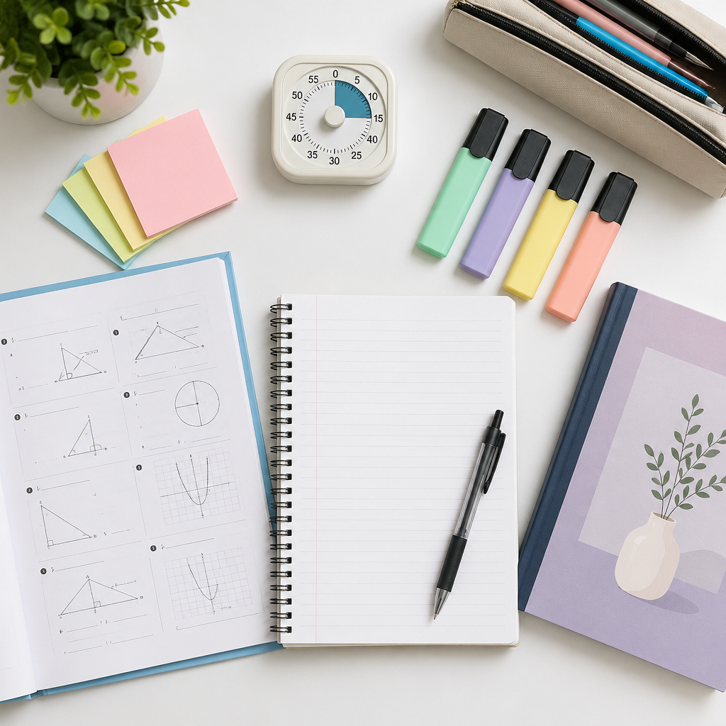 A neat study flat lay showing revision tools for evaluating each child's learning needs before choosing a tutor recommendation.