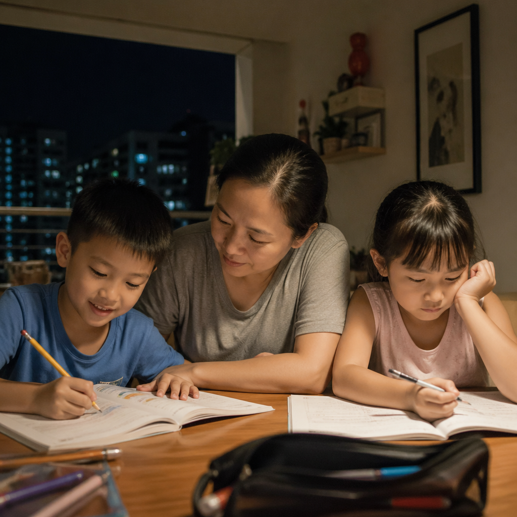 A Singapore family working through different tuition needs at the dining table, showing the challenge of tutor recommendation for siblings.