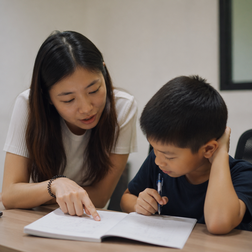 A Singapore tutor guiding a child through a lesson, illustrating the right support at the right pace for stressed students.