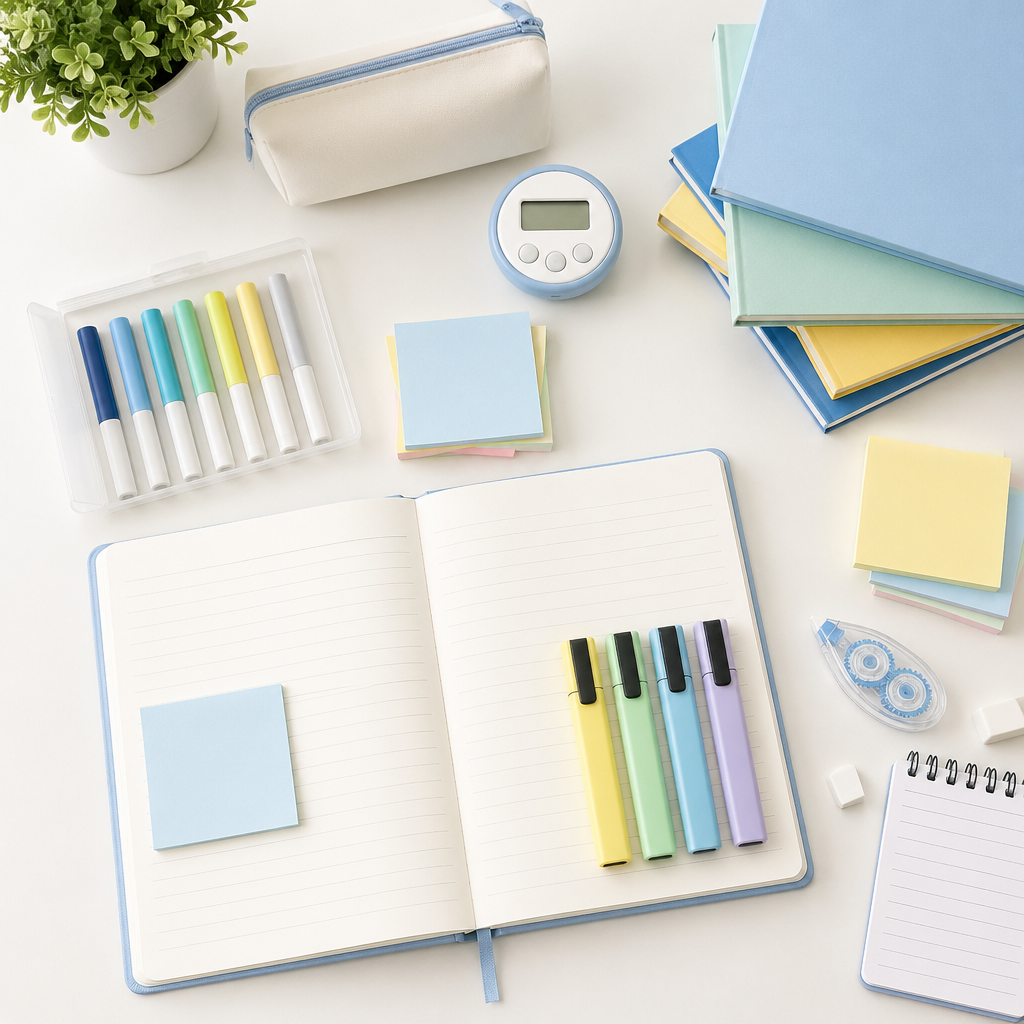 A neat PSLE revision flat lay showing organised study materials that support calmer exam preparation for students.