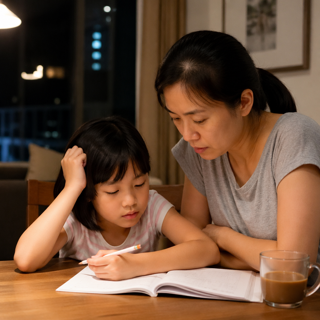 An Asian parent and child working through homework at a HDB dining table, showing how tuition can help reduce exam stress for a struggling student.