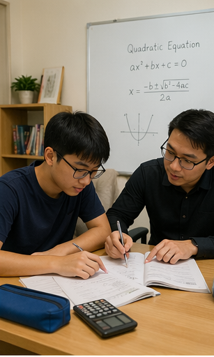 A male tutor with a teen boy supporting PSLE preparation in a dual-income household.