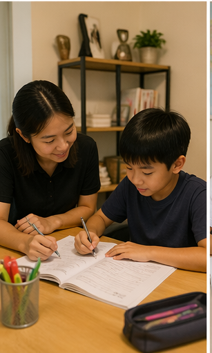 A mother helping a boy with homework during PSLE preparation in a dual-income household.
