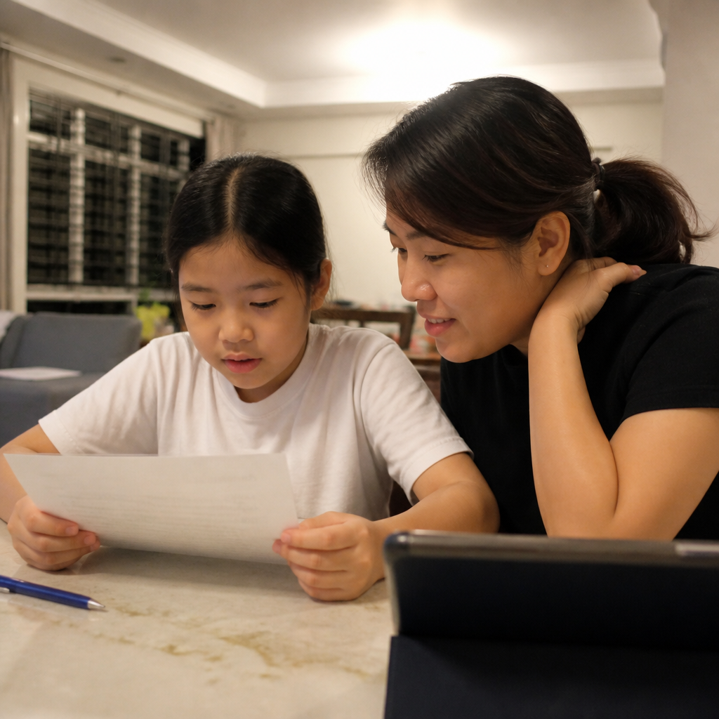 An Asian parent helps a child practise English oral at a HDB dining table in Singapore.