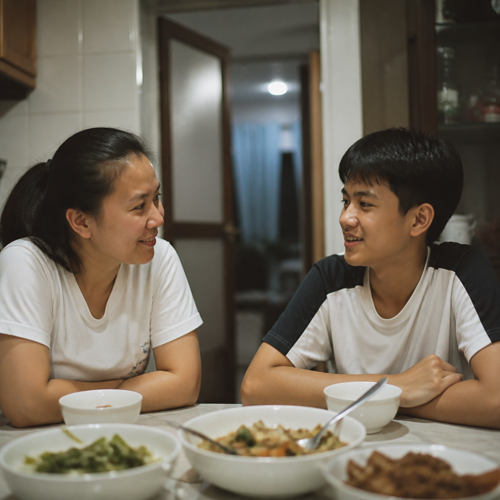 A Singapore family having a relaxed conversation practice session for English oral at home.