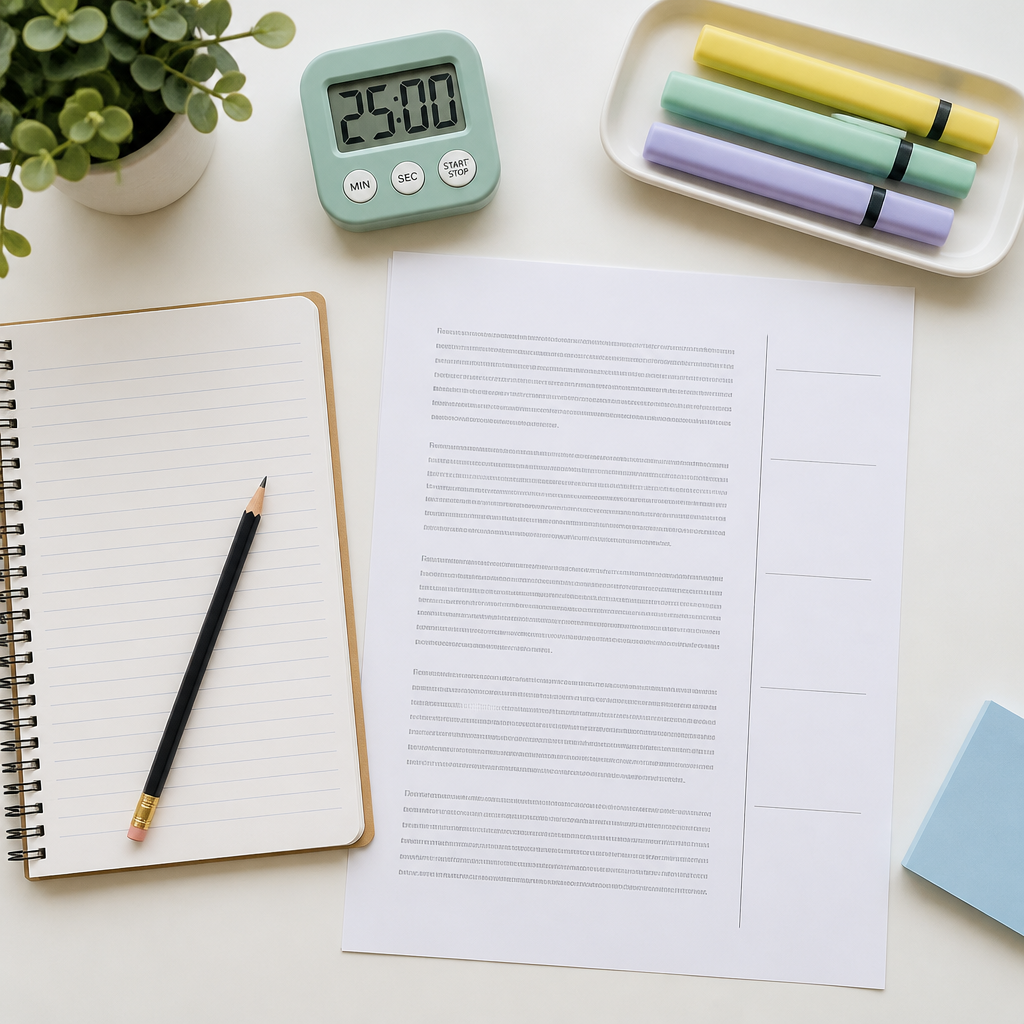 A neat English oral practice flat lay with a passage, timer, and study tools for reading aloud preparation.