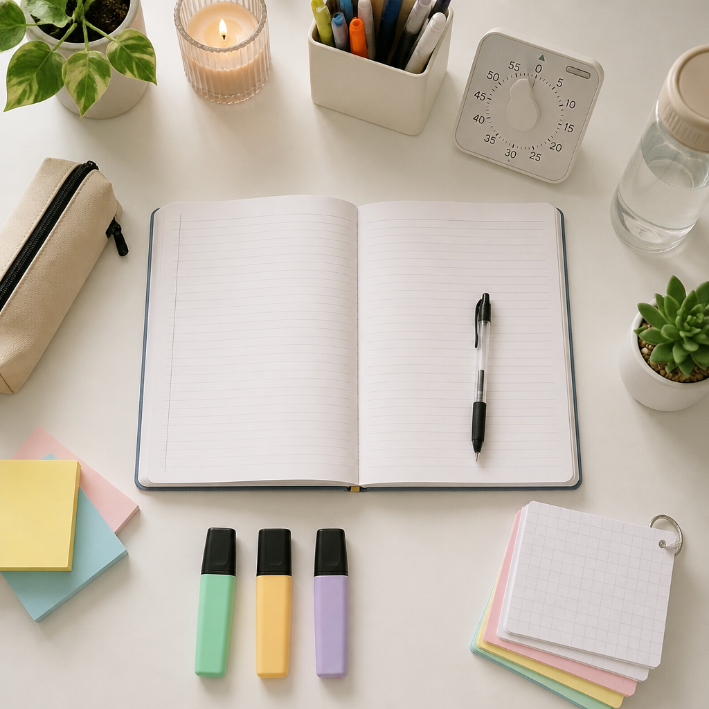 A neat study desk flat lay showing how to study smart with notebooks, flashcards, and revision tools for exam prep in Singapore.