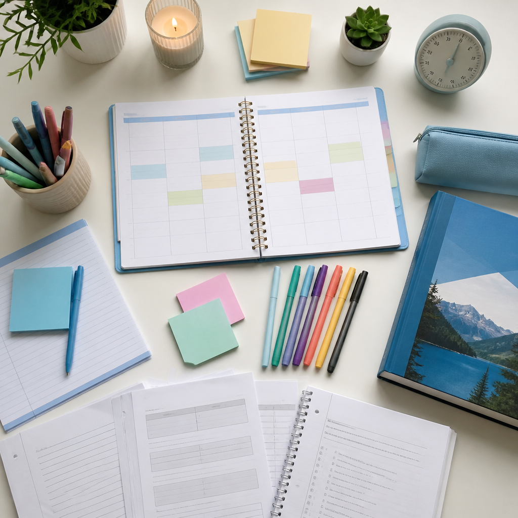 A weekly planner and revision materials laid out for smart studying before Singapore exams like PSLE, O-Levels, and A-Levels.