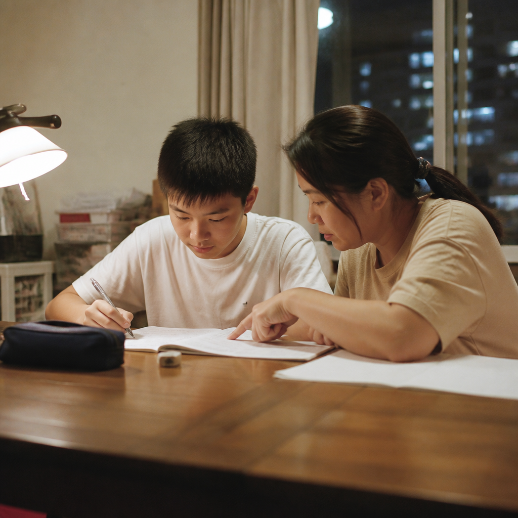 An Asian parent and secondary student reviewing a Math error log together at a HDB dining table, showing a practical way to study smart in Singapore.