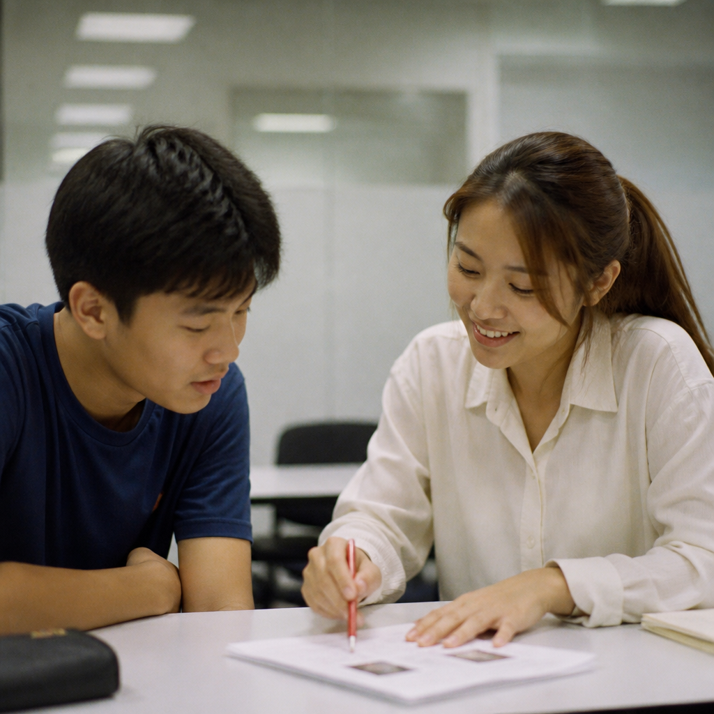 A Singapore English tuition lesson focused on oral exam practice and building speaking confidence.