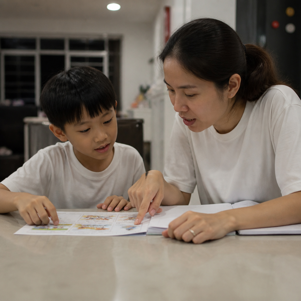 A Singapore student and parent practising English oral at a HDB dining table, showing early oral exam preparation at home.