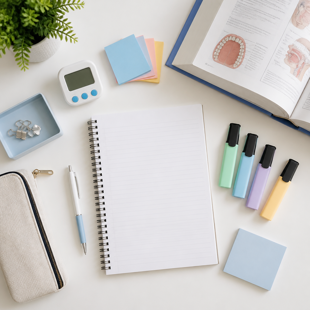 A neat study flat lay for English oral practice with a notebook, timer, and highlighters.