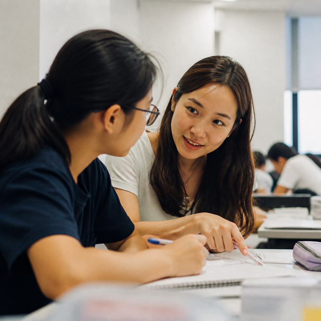 A tutor guiding a student to improve English oral communication in a Singapore tuition centre.