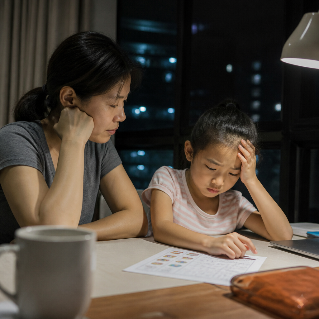 An anxious child and supportive parent practising English oral at a HDB dining table in Singapore.