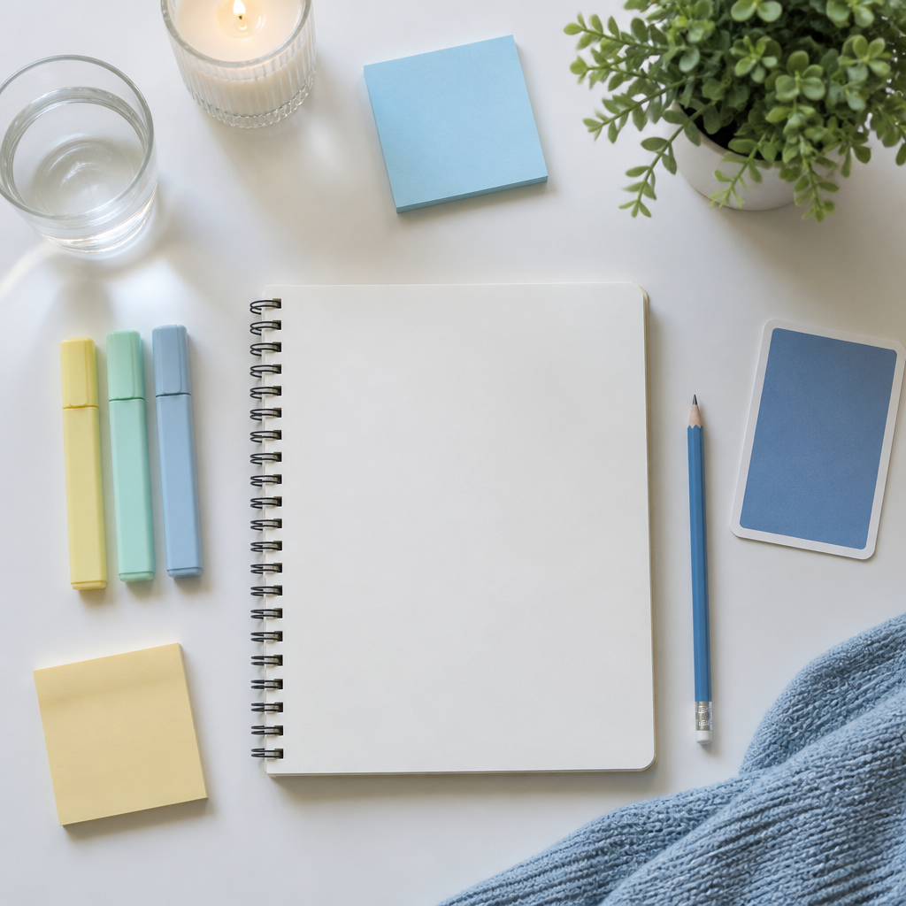A clean study flat lay shows English oral practice tools for picture discussion and organised revision.