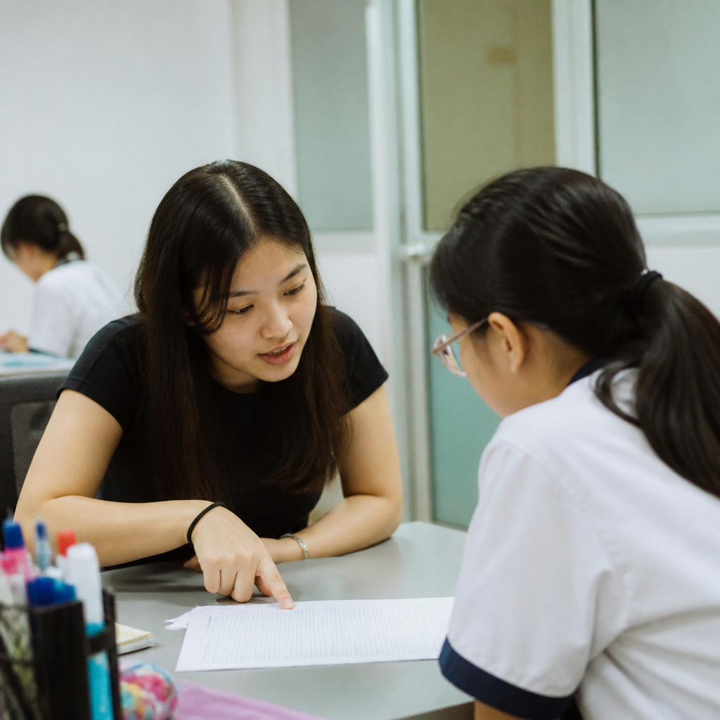 A tutor coaches a student to speak clearly during English oral preparation in a Singapore tuition centre.