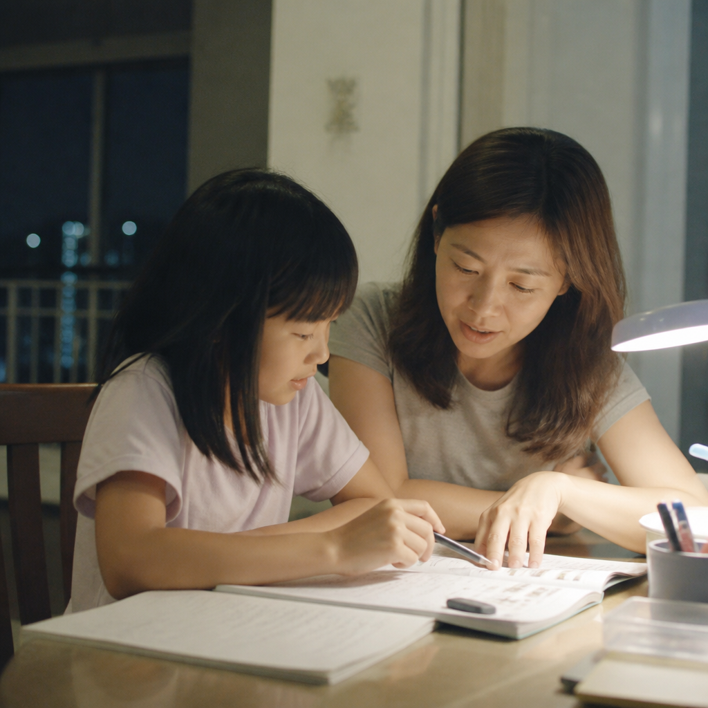 An Asian mother helps her child practise English oral at a HDB dining table in Singapore, showing a warm home learning moment.