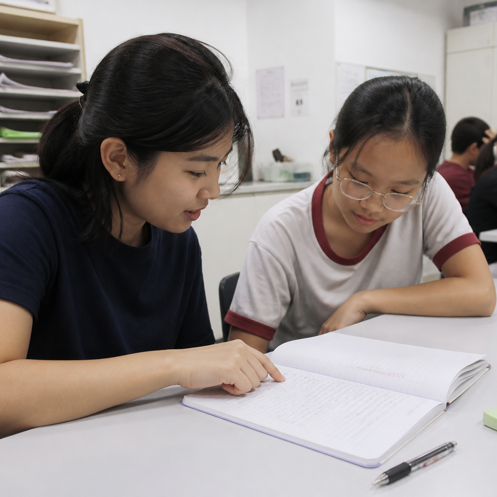 A tutor helping a student improve situational writing skills in a Singapore tuition centre.